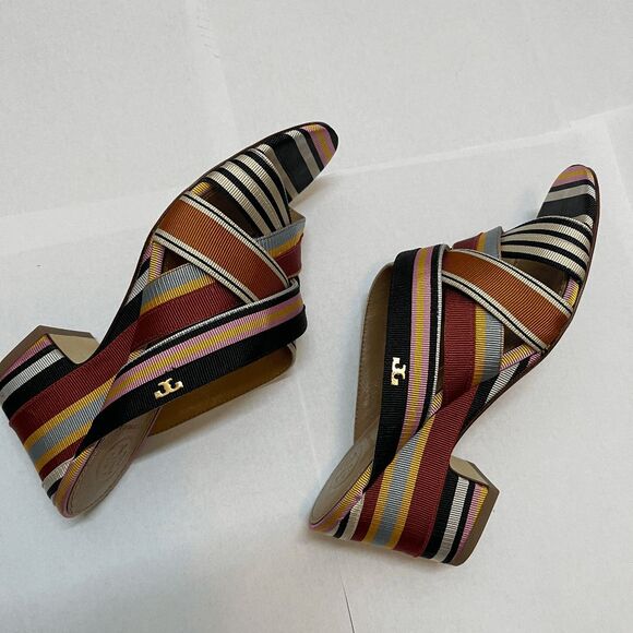 Tory Burch Retro Funky Multicolor Striped Grosgrain Graham Heel Mule Sandals - Picture 5 of 12